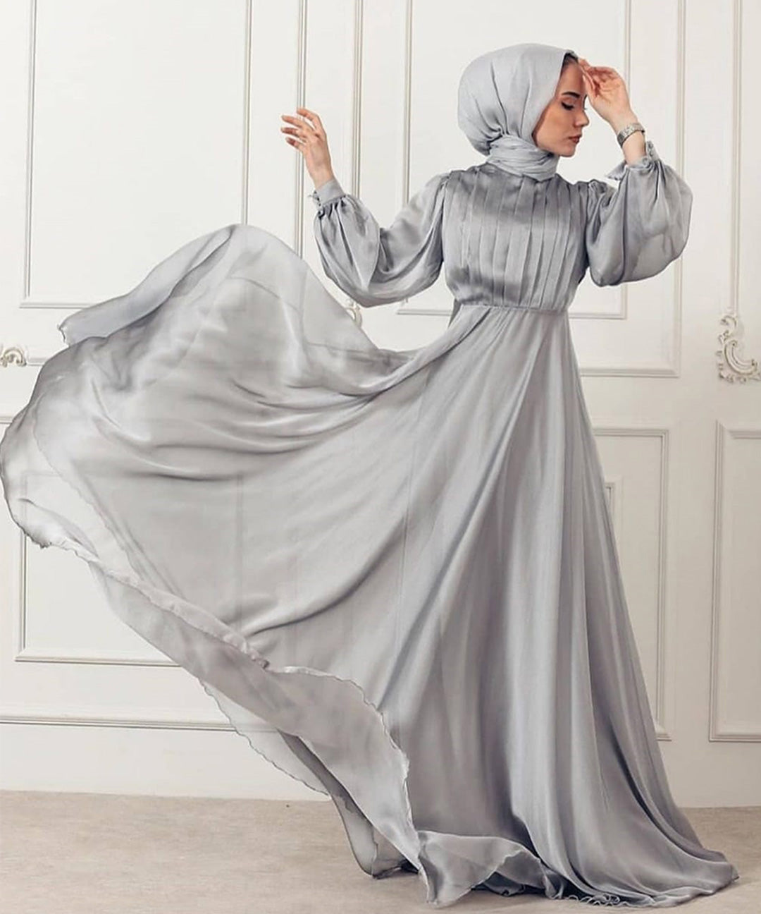 Adorable Light Grey Georgette Silk Long Ready Made Designer Gown With Pleated Stitch Work On Top