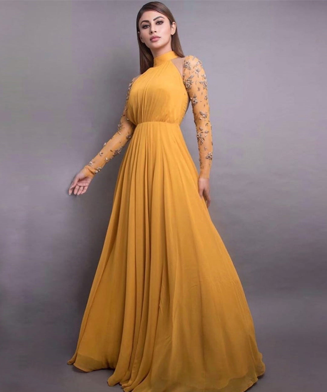 Stunning Mustard-colored  8 Meter Flared Maxi Gown With Embellished Sleeves.