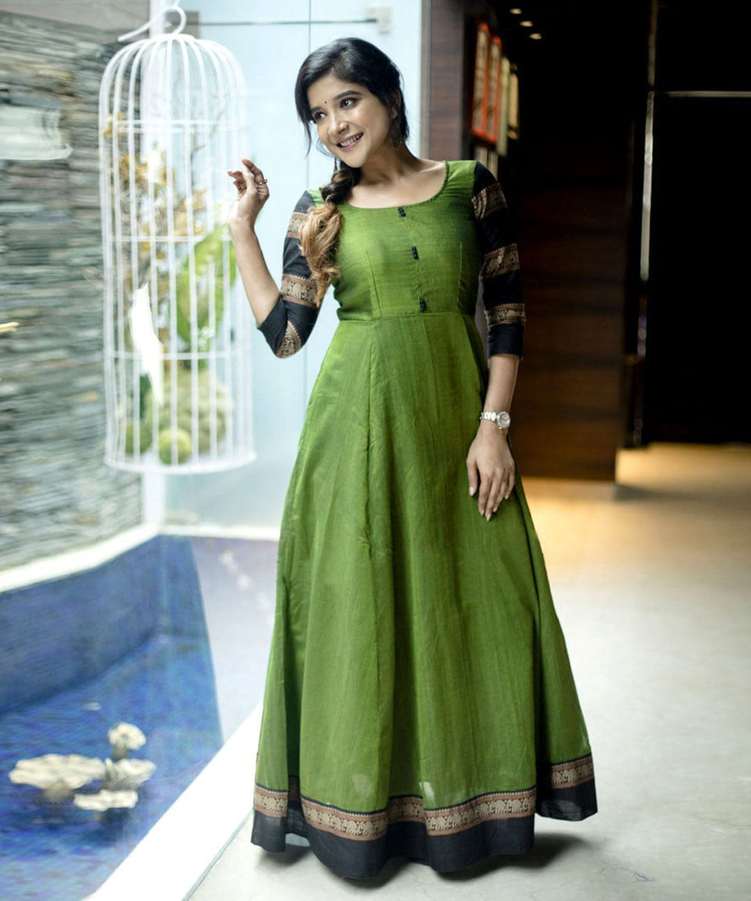 Designer Green Colored Party Wear Readymade Cotton Gown