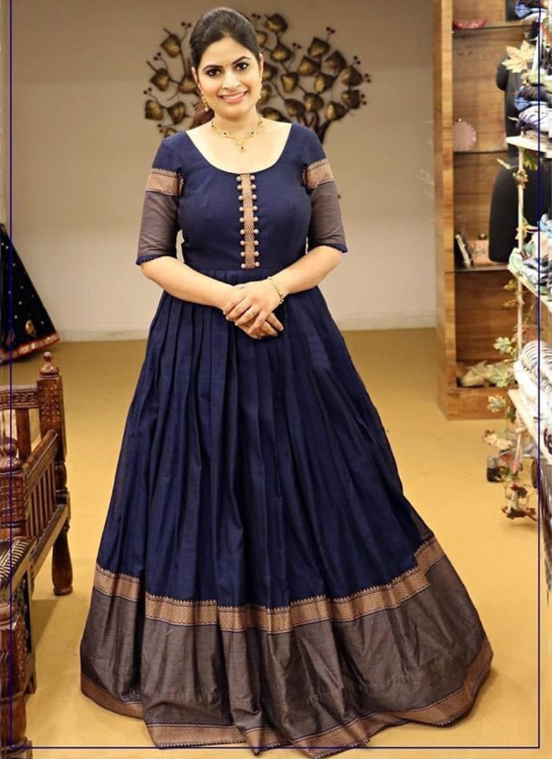 Demanding Navy Blue Colored Party Wear Woven Cotton Gown