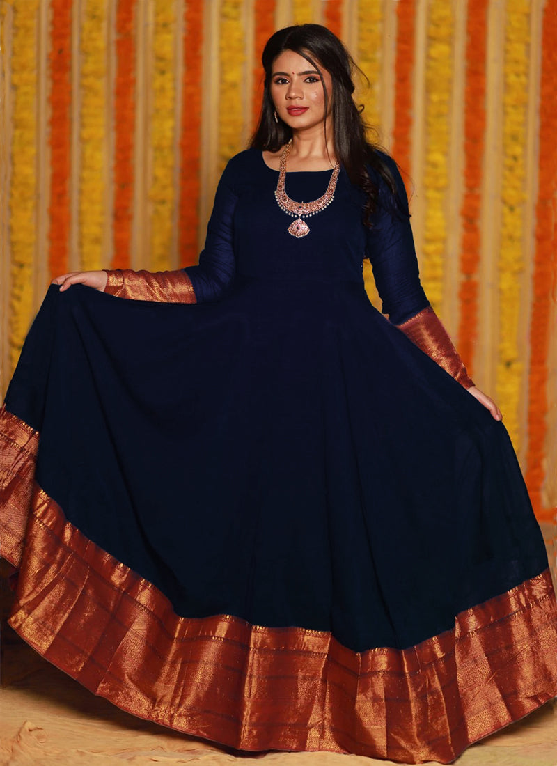 Refreshing Dark Navy Blue Colored Party Wear Woven Georgette Gown