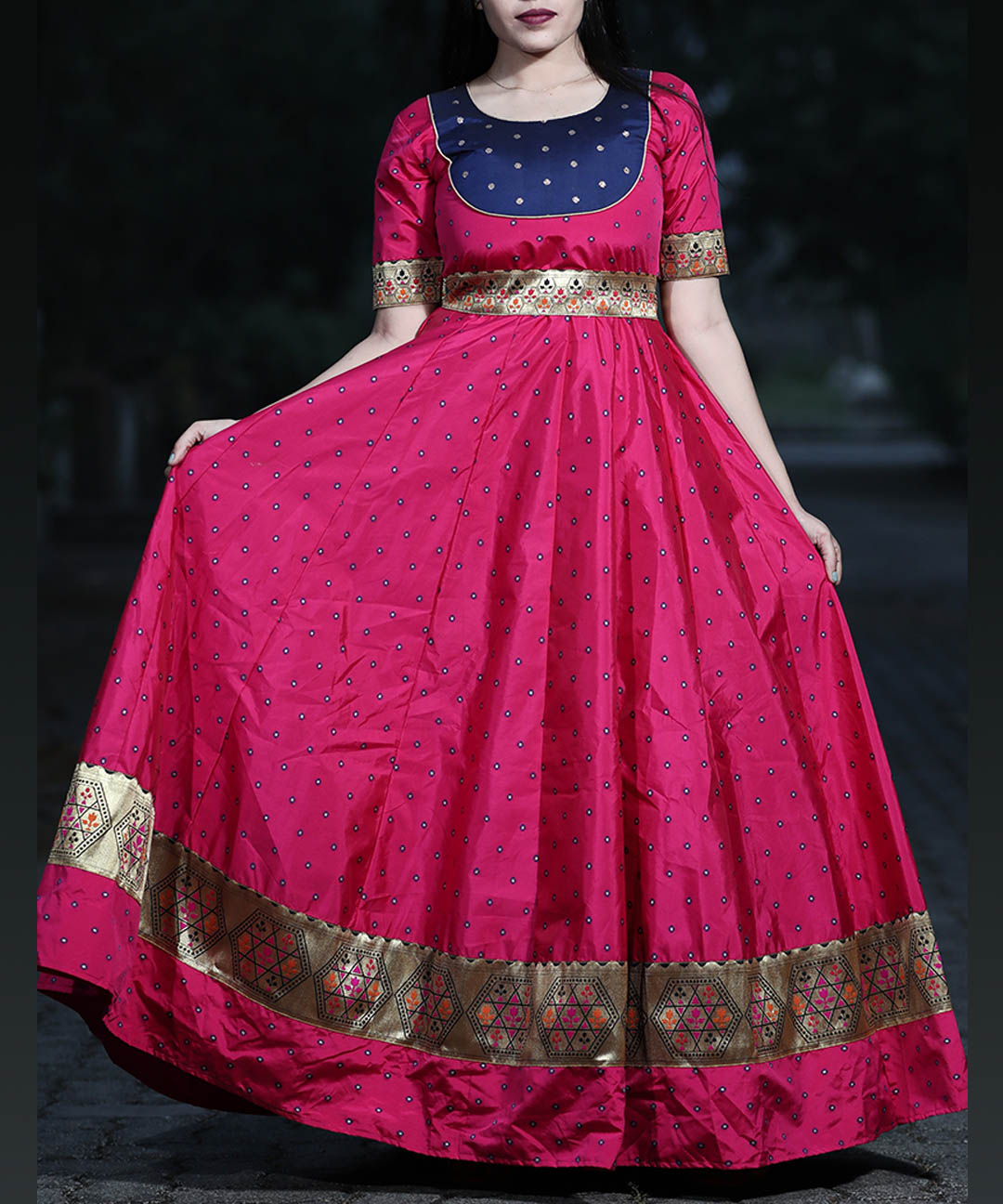Adorable Magenta Colored Festive Wear Woven Tapetta Silk Gown