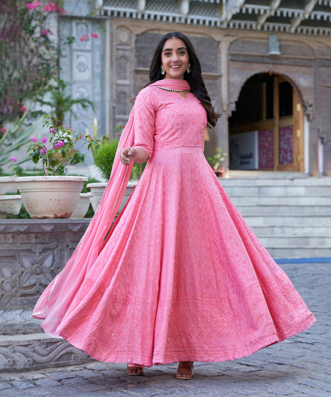 Tea Rose Chikankari Gown with Embroidery Work