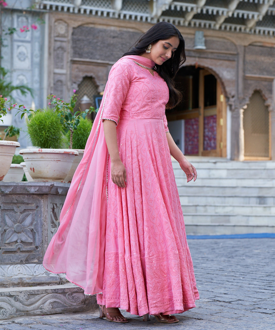 Tea Rose Chikankari Gown with Embroidery Work
