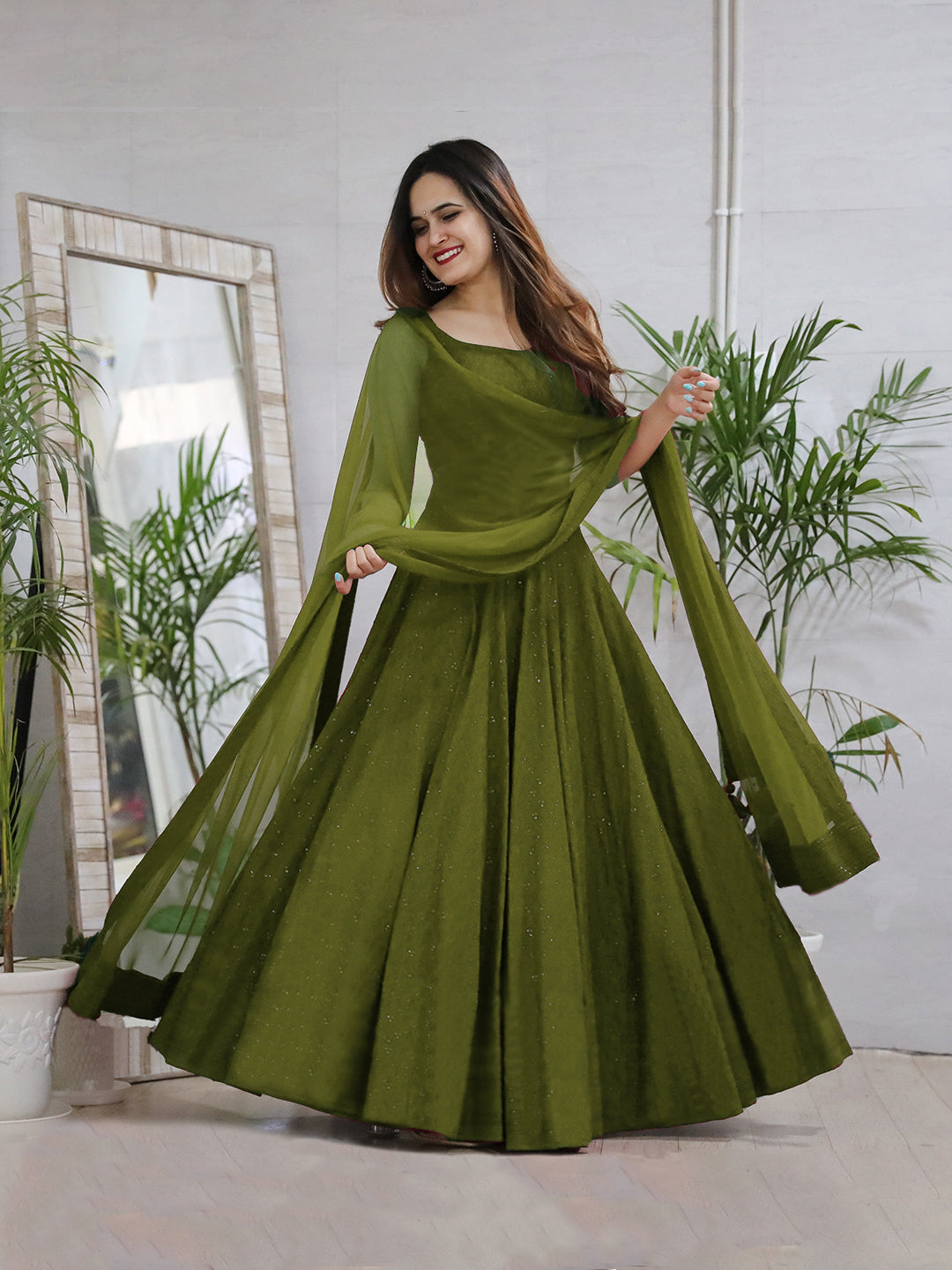 Mehendi Green Anarkali Gown In Rayon With Lucknowi Chikankari Work