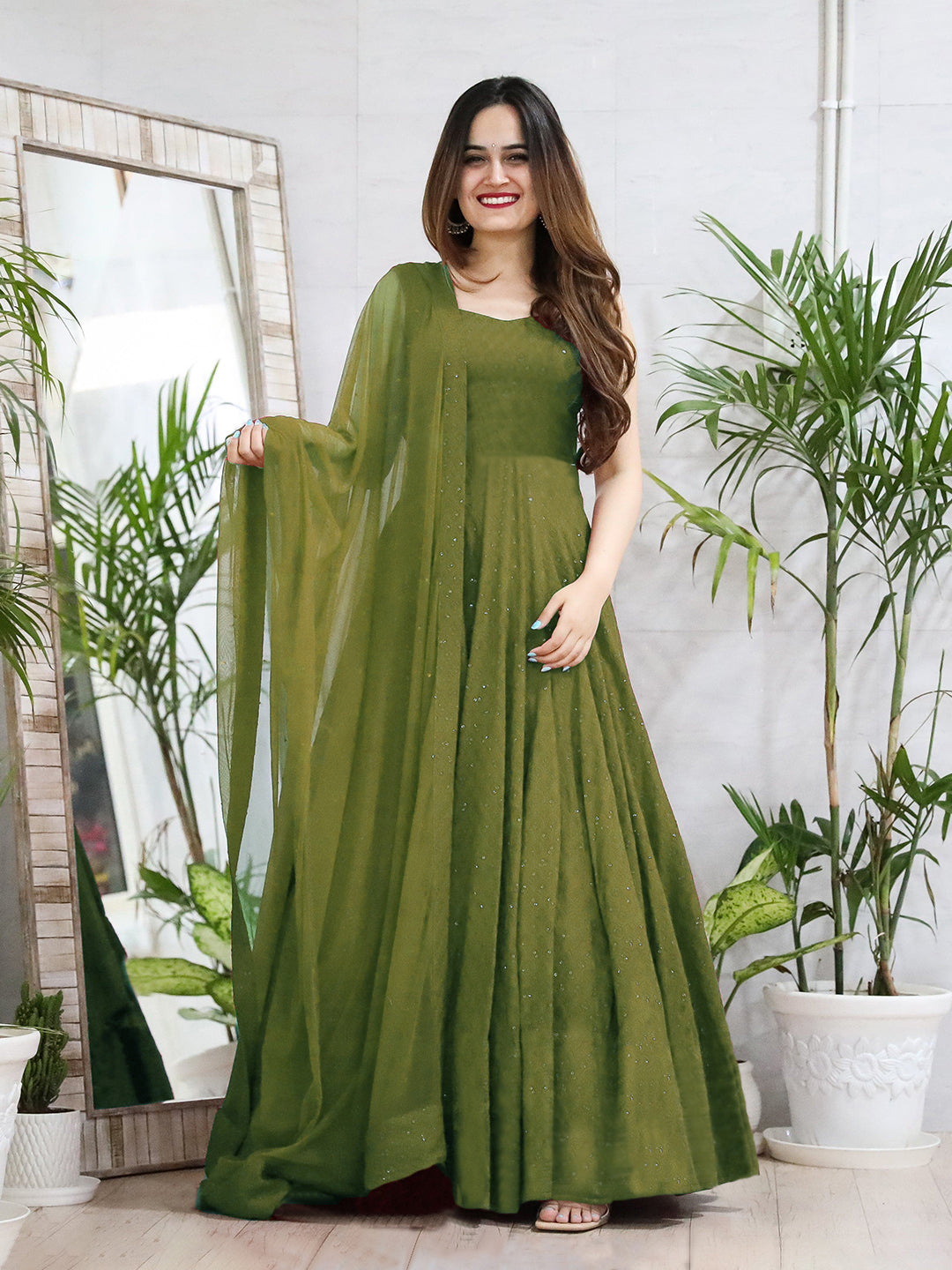 Mehendi Green Anarkali Gown In Rayon With Lucknowi Chikankari Work