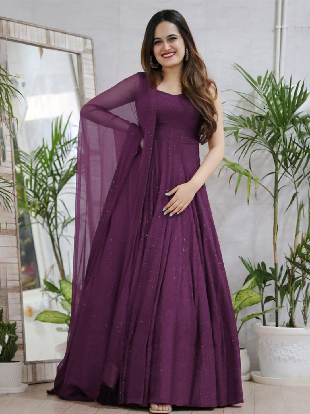 Purple Anarkali Gown In Rayon With Lucknowi Chikankari Work