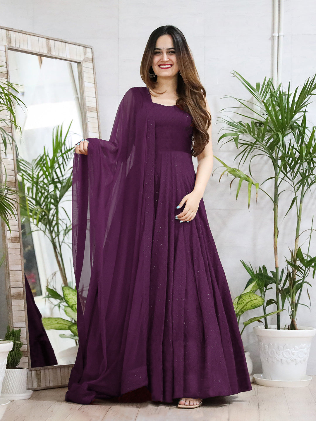 Purple Anarkali Gown In Rayon With Lucknowi Chikankari Work