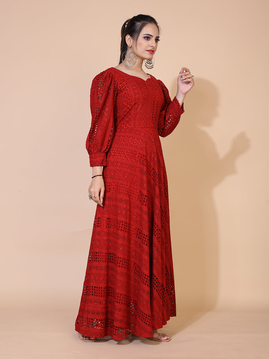 Classic Maroon Lucknowi Embroidered Floor Length Gown