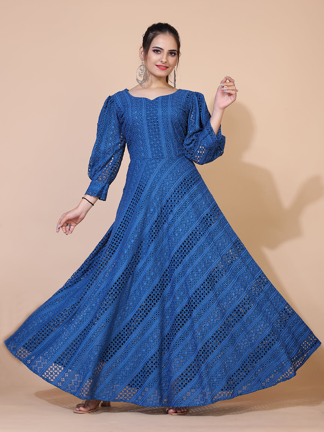 Classic Turquoise Blue Lucknowi Embroidered Floor Length Gown