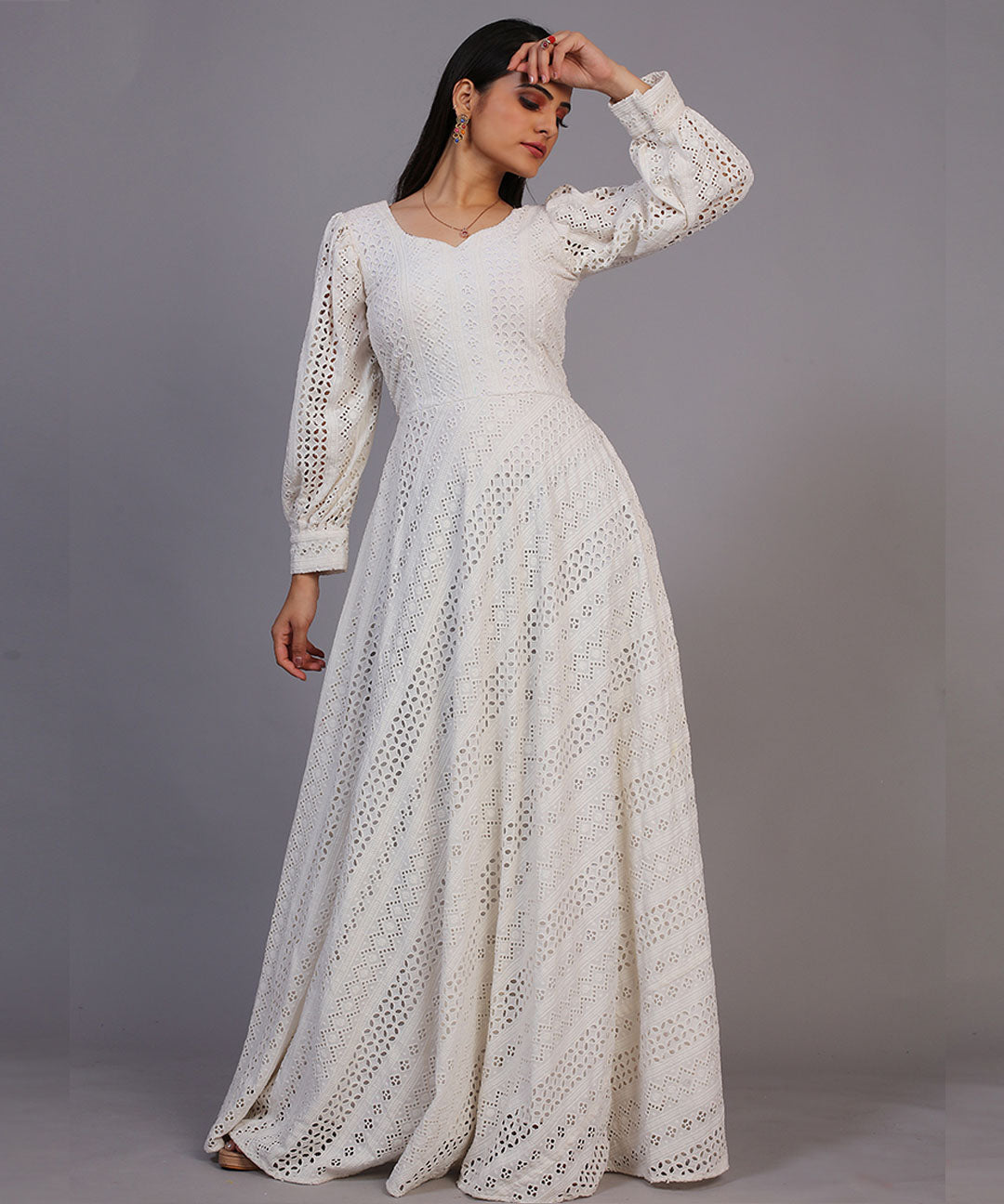 Classic Off-White Lucknowi Embroidered Floor Length Gown