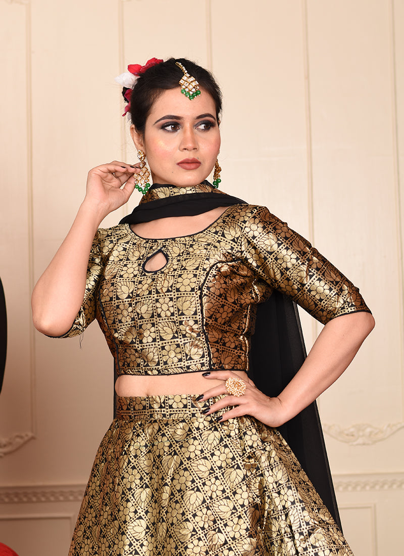 Gold-Toned & Black Woven Ready to Wear Lehenga & Blouse With Dupatta