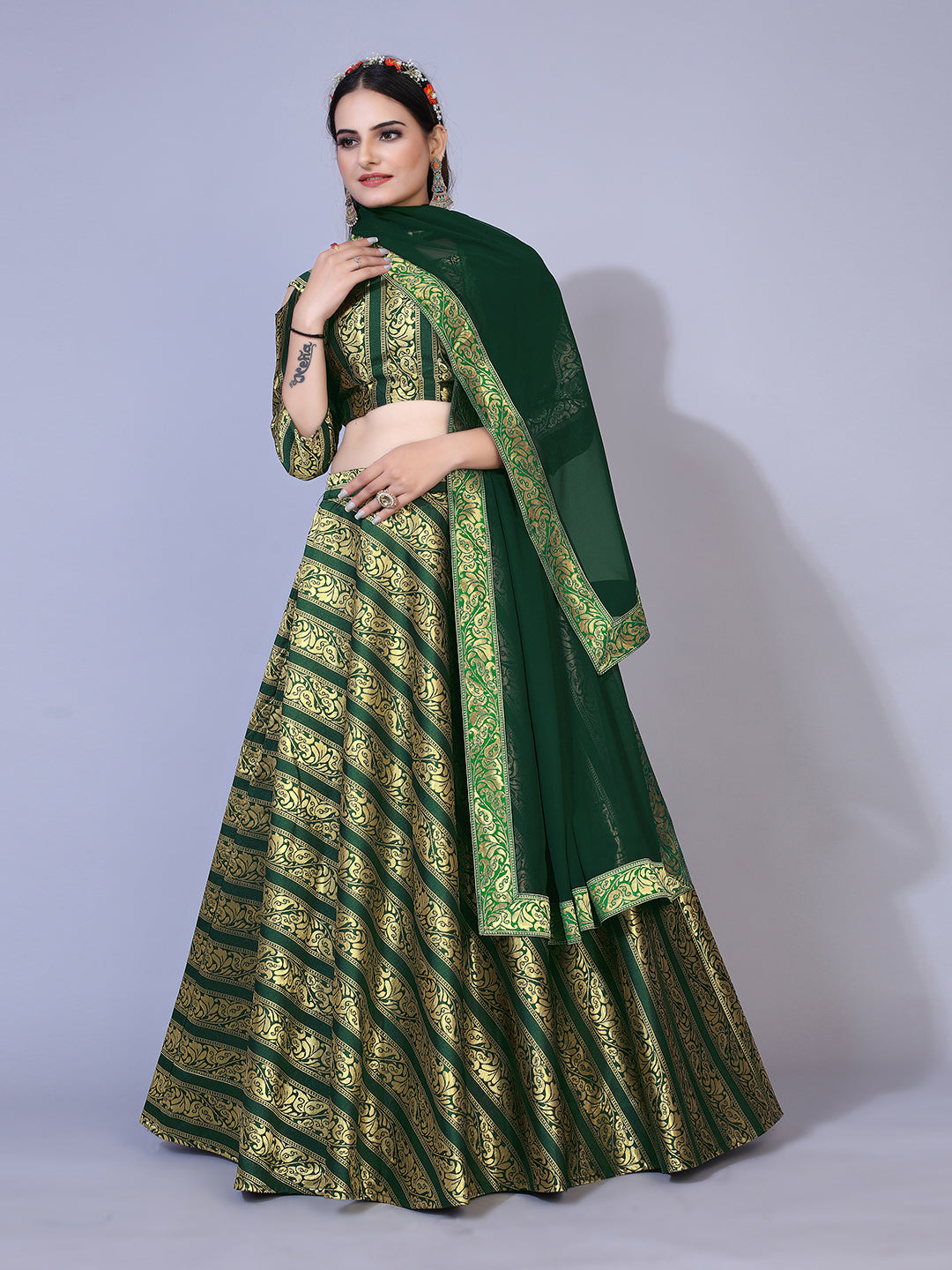 Fluorescent Green & Gold-Toned Woven Ready to Wear Lehenga & Blouse With Dupatta