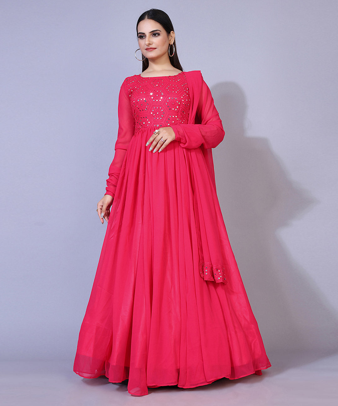 Pink Mirror Embroidered Georgette Anarkali Style Gown