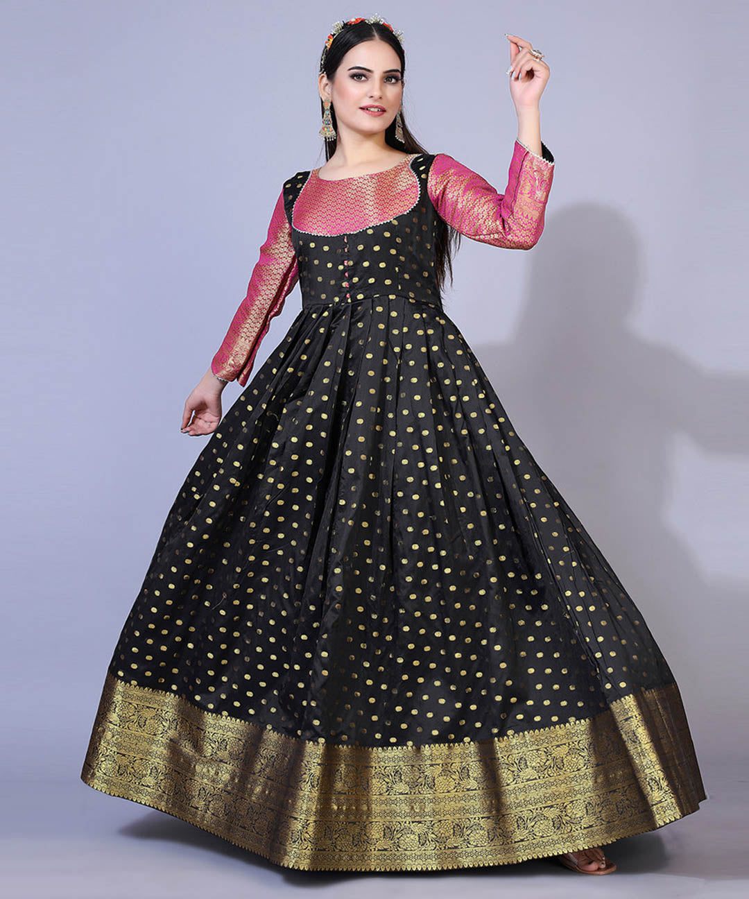 Black & Pink Polka Dots Jacquard Ethnic Maxi Gown