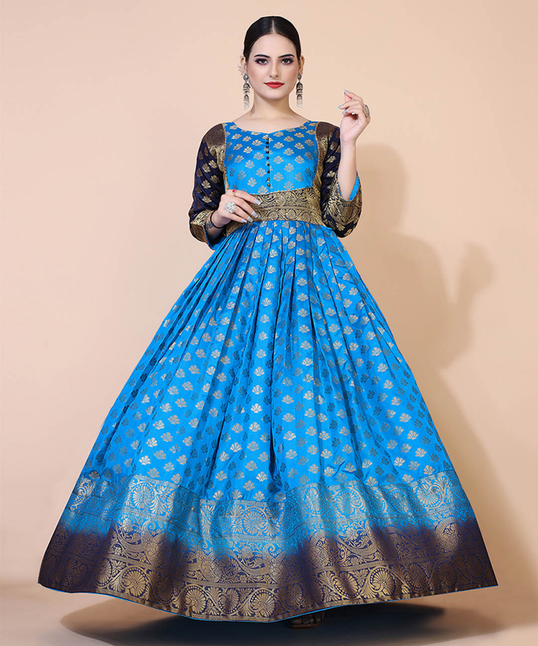 Womens Turquoise Blue Ethnic Motifs Jacquard Maxi Dress
