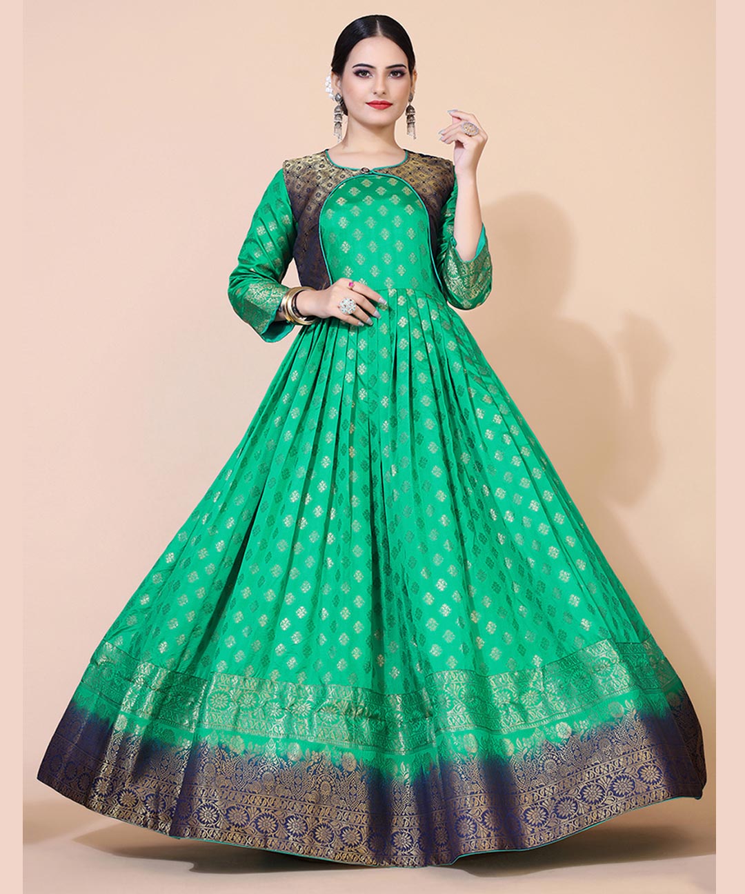 Green Ethnic Motifs Jacquard Maxi Dress