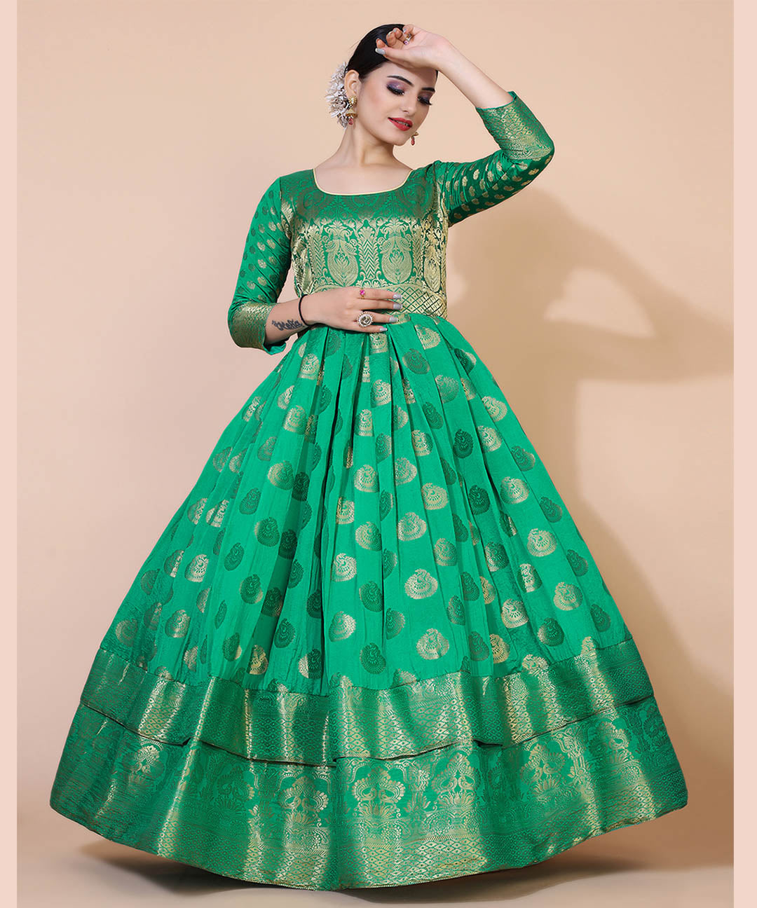 womens Green Ethnic Motifs Jacquard Maxi Dress