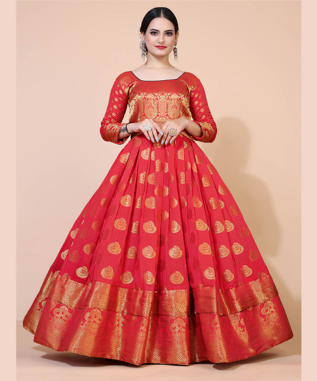 womens Red & Gold-Toned Ethnic Motifs Jacquard Maxi Dress
