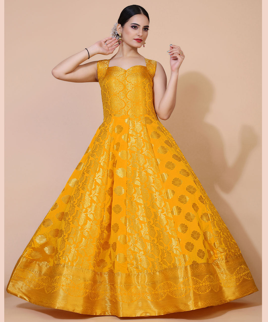 Women Yellow Floral Jacquard Ethnic Silk Long Gown Dress