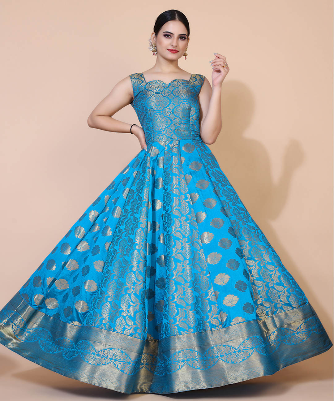 womens Turquoise Blue Ethnic Motifs Jacquard Maxi Dress