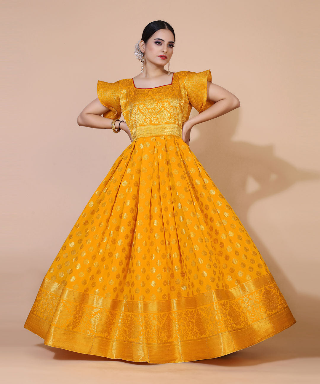 Yellow Ethnic Motifs Jacquard Maxi Dress