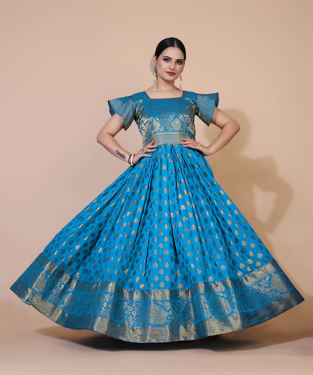 Turquoise Blue Silk Blend Floral Jacquard Long Gown