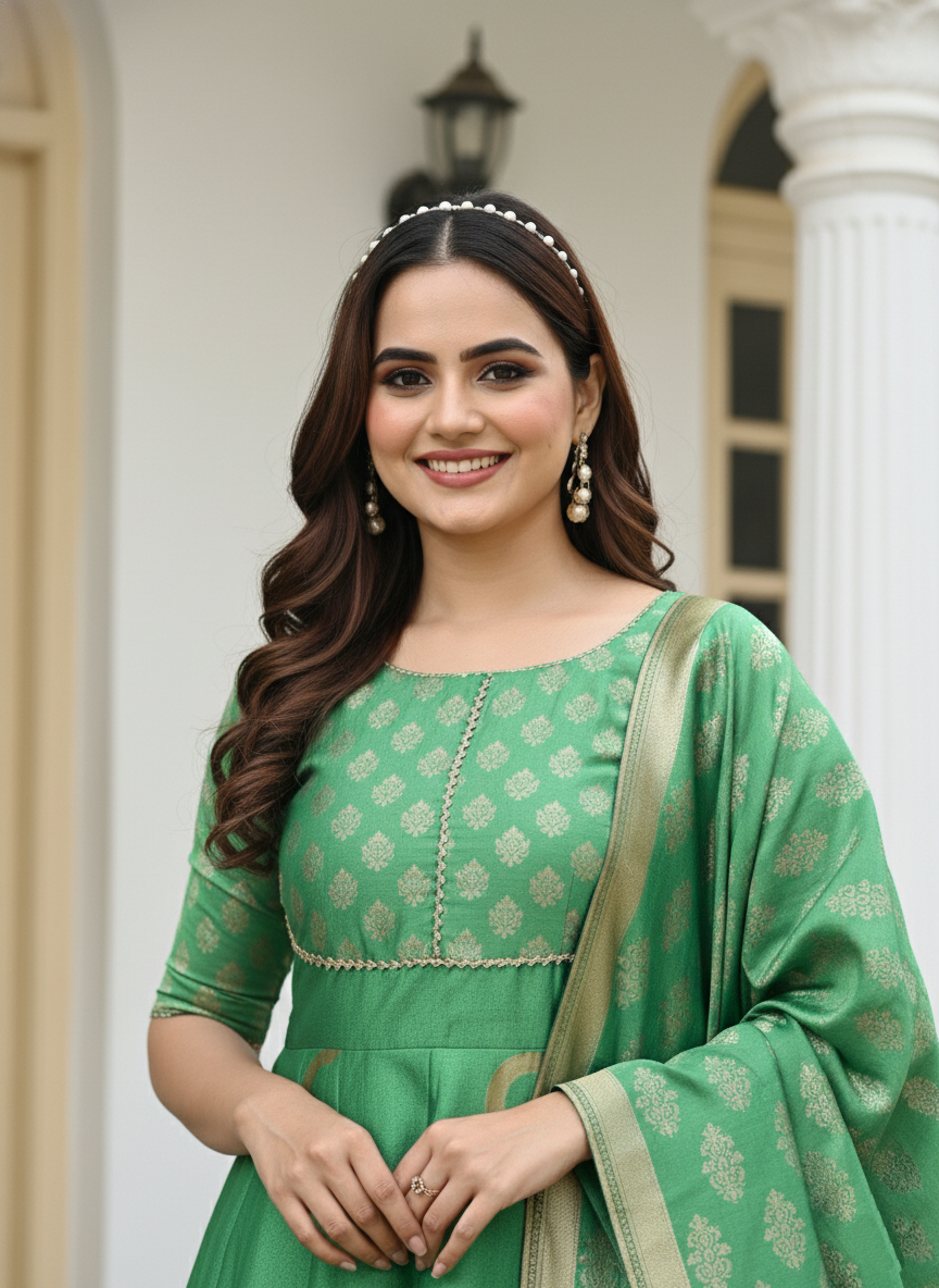 Magnetic Green Designer Wear Woven Sharara Set