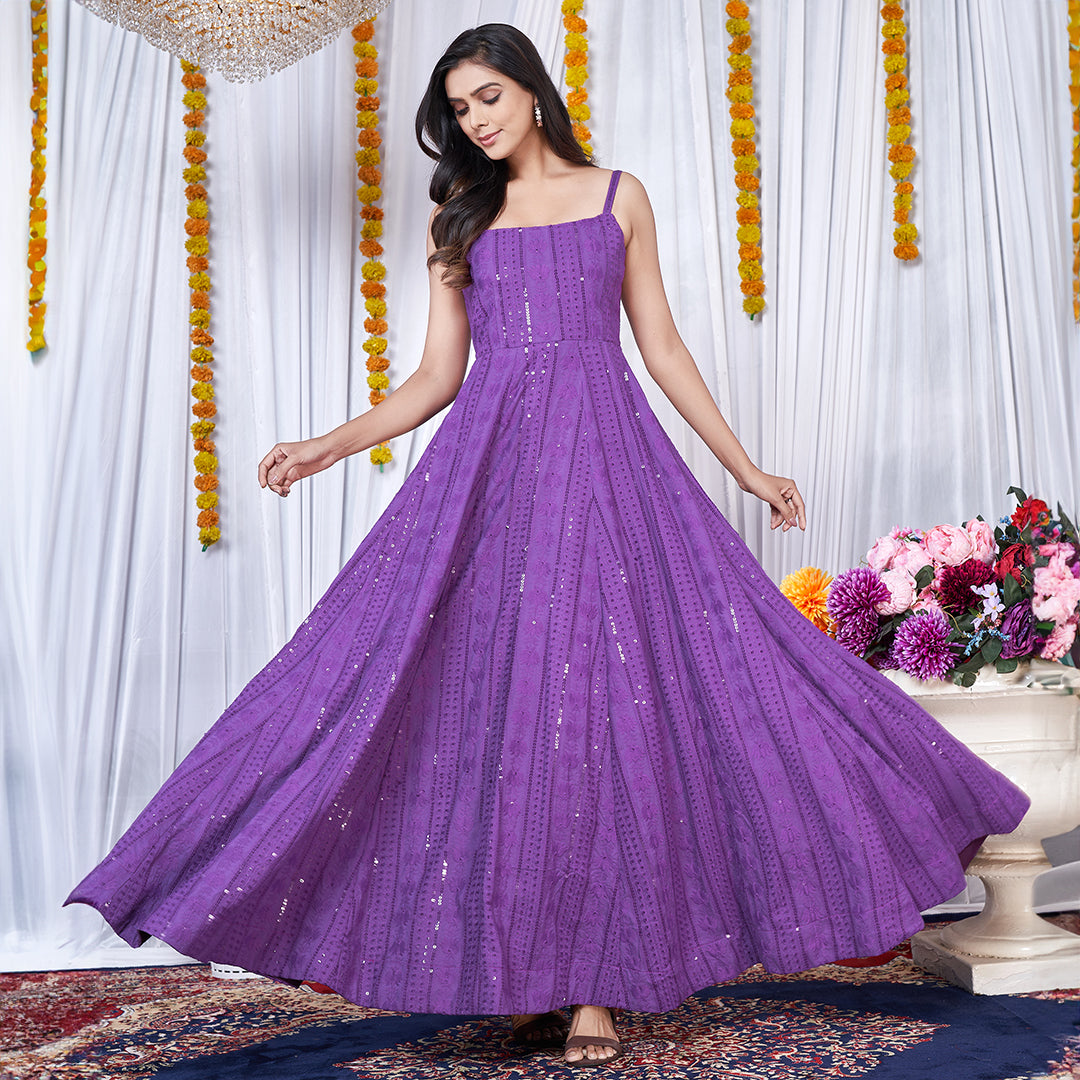 Purple Chikankari Embroidered Anarkali Gown