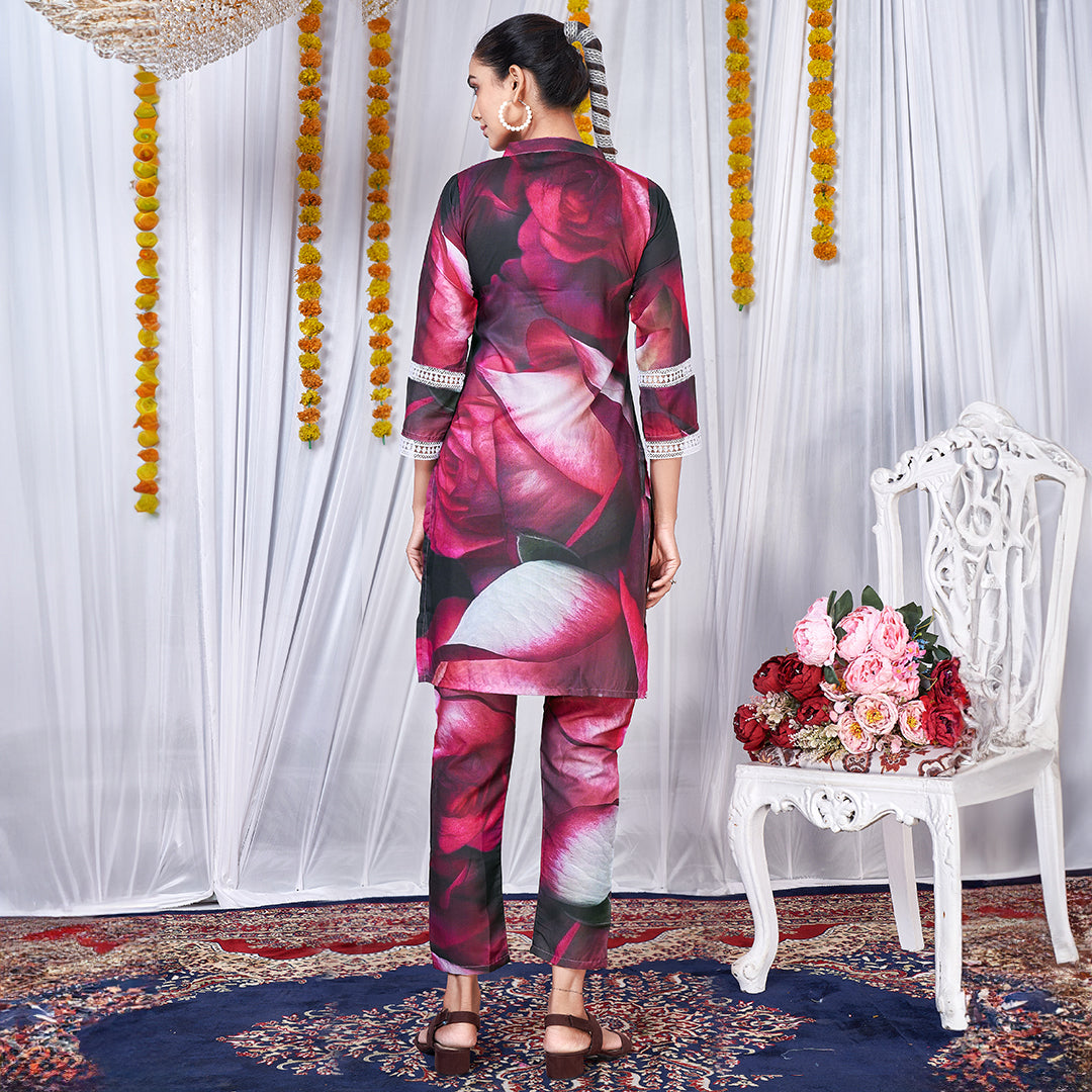 White and red wildrose printed co-ord set, a chic and stylish matching ensemble.