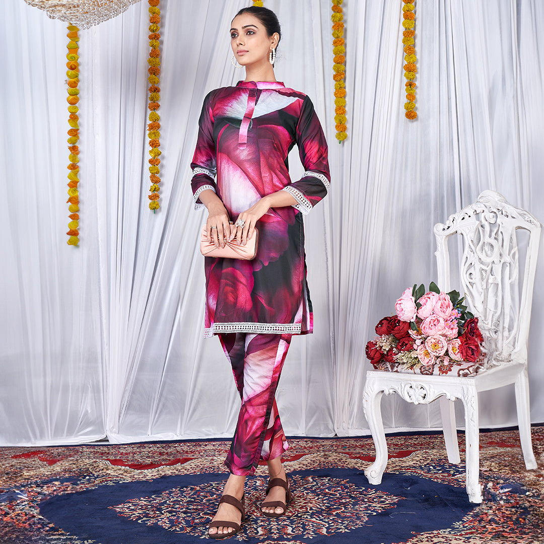 White and red wildrose printed co-ord set, a chic and stylish matching ensemble.