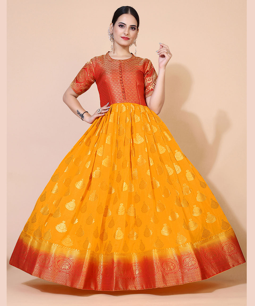 Yellow Designer Silk Blend Jacquard Silk Long Gown