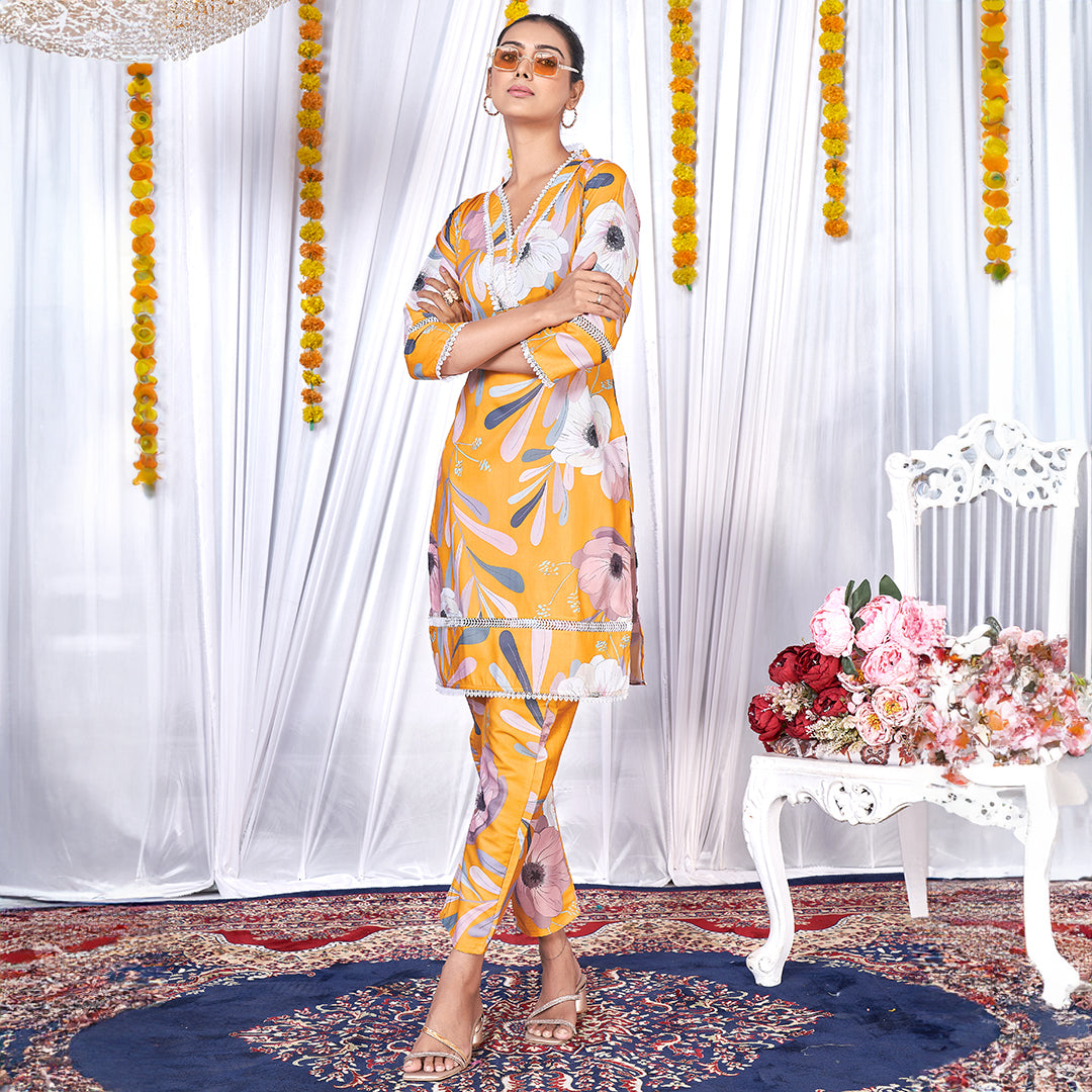 Yellow floral printed co-ord set, a bright and cheerful matching outfit.