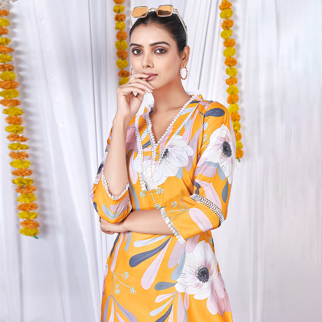 Yellow floral printed co-ord set, a bright and cheerful matching outfit.