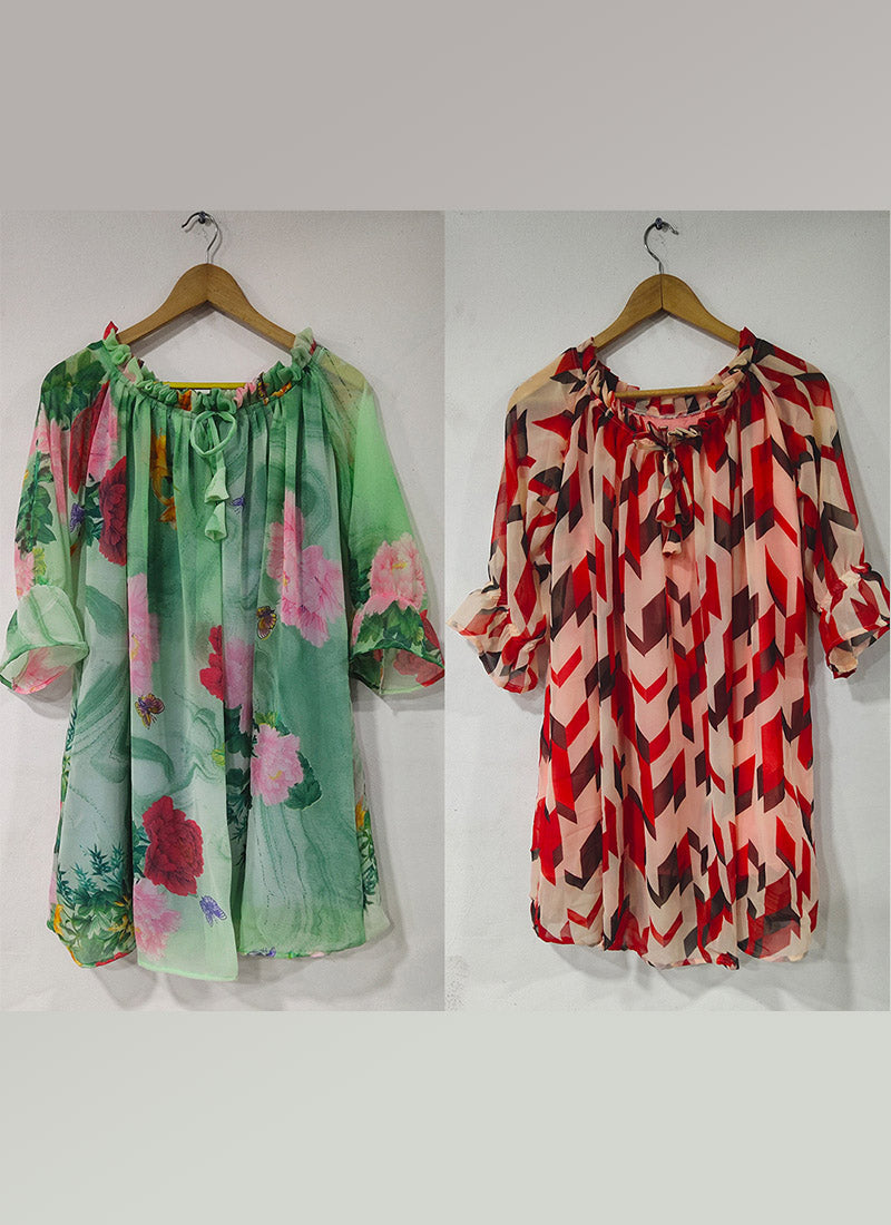Two-pack of floral printed off-the-shoulder tops with pleating.