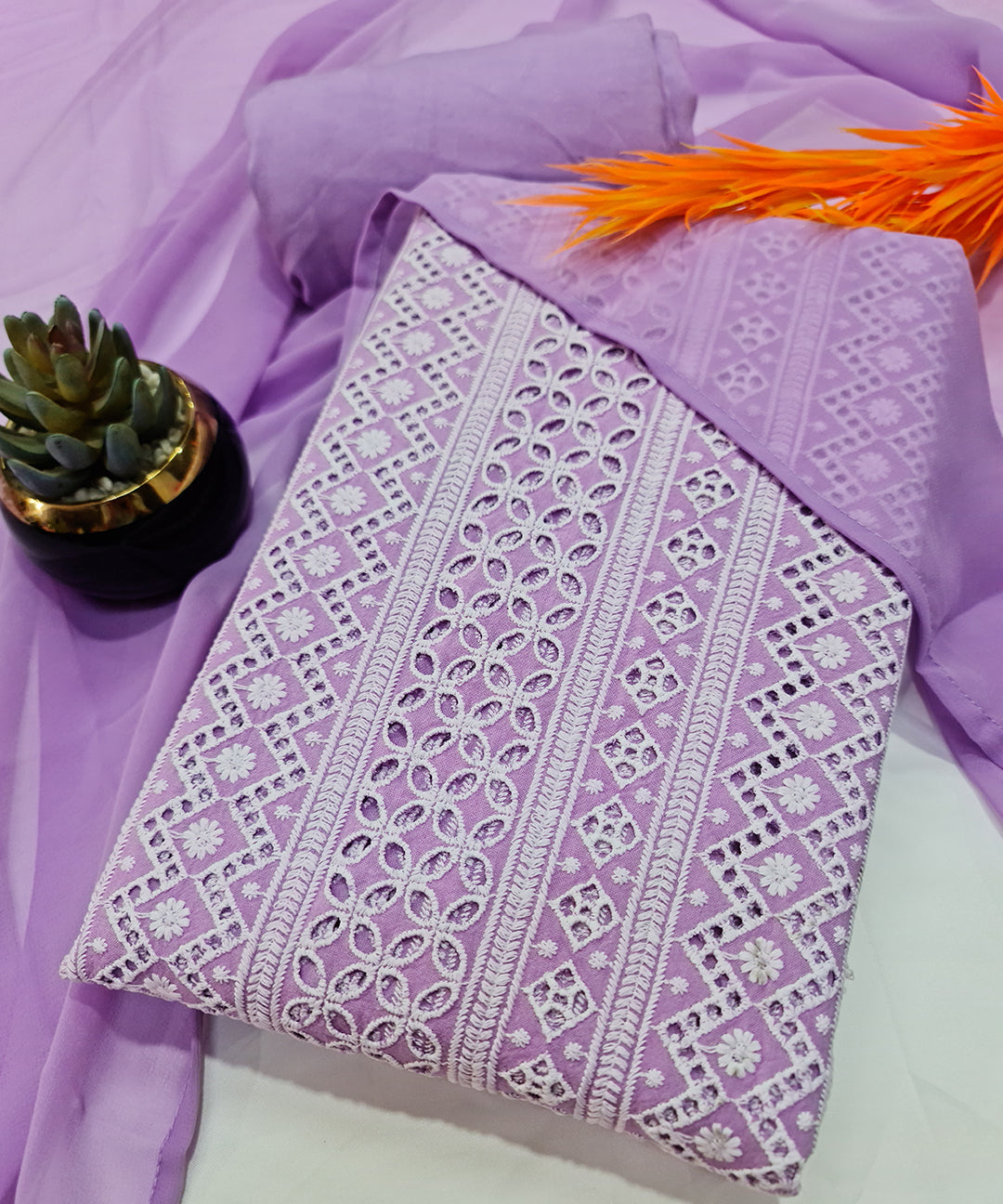 Lilac Chikankari Work Dress Material