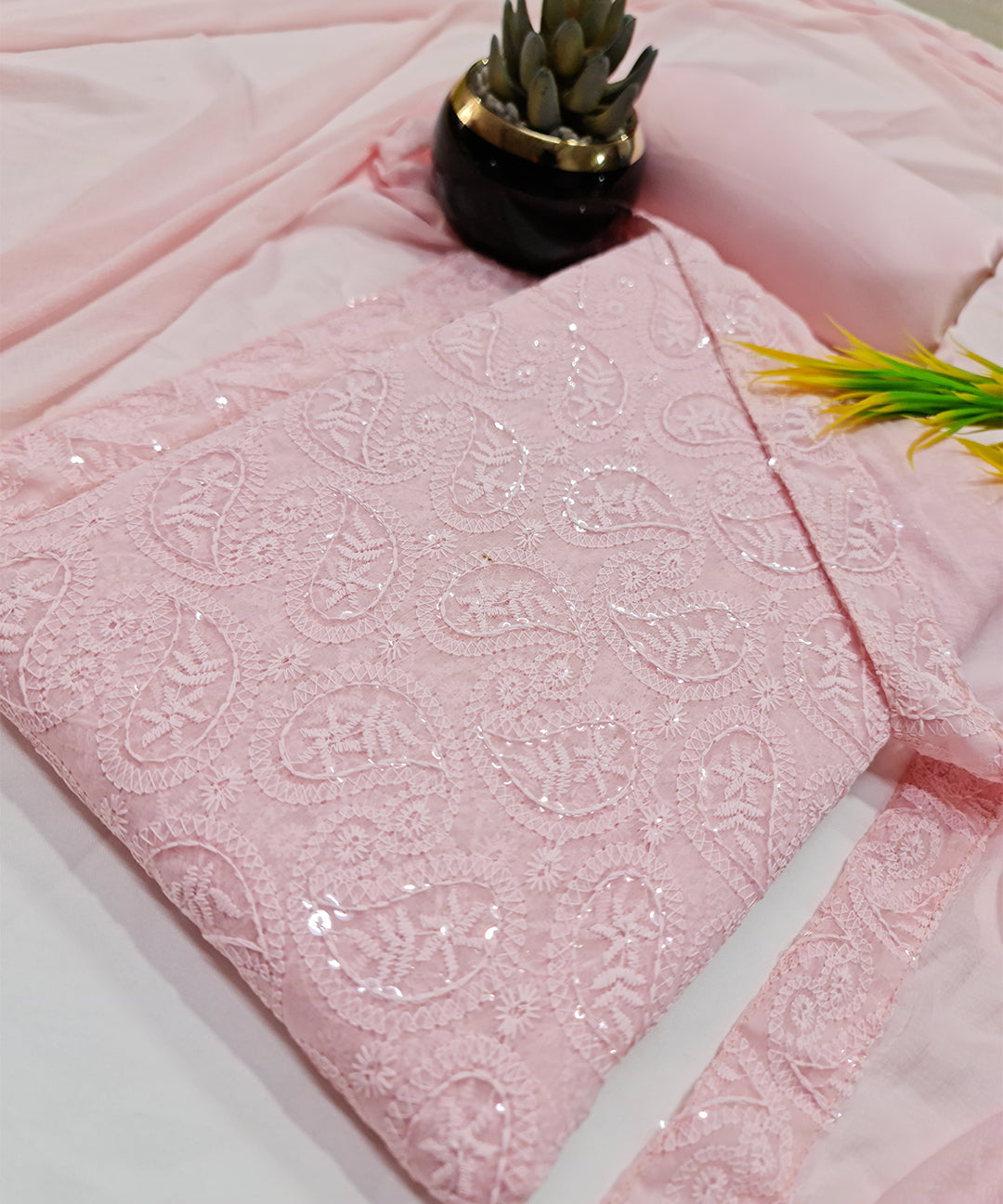 Baby Pink Chikankari Work Dress Material