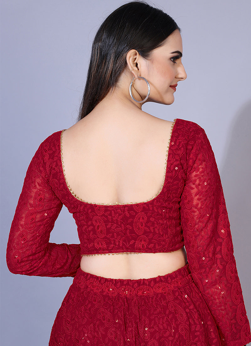 Maroon A-line Chikankari lehenga, ideal for traditional and festive occasions with intricate embroidery.