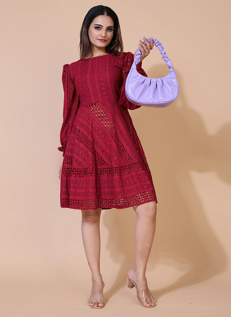 Maroon Chikankari rayon short dress, perfect for casual and festive occasions with traditional embroidery.