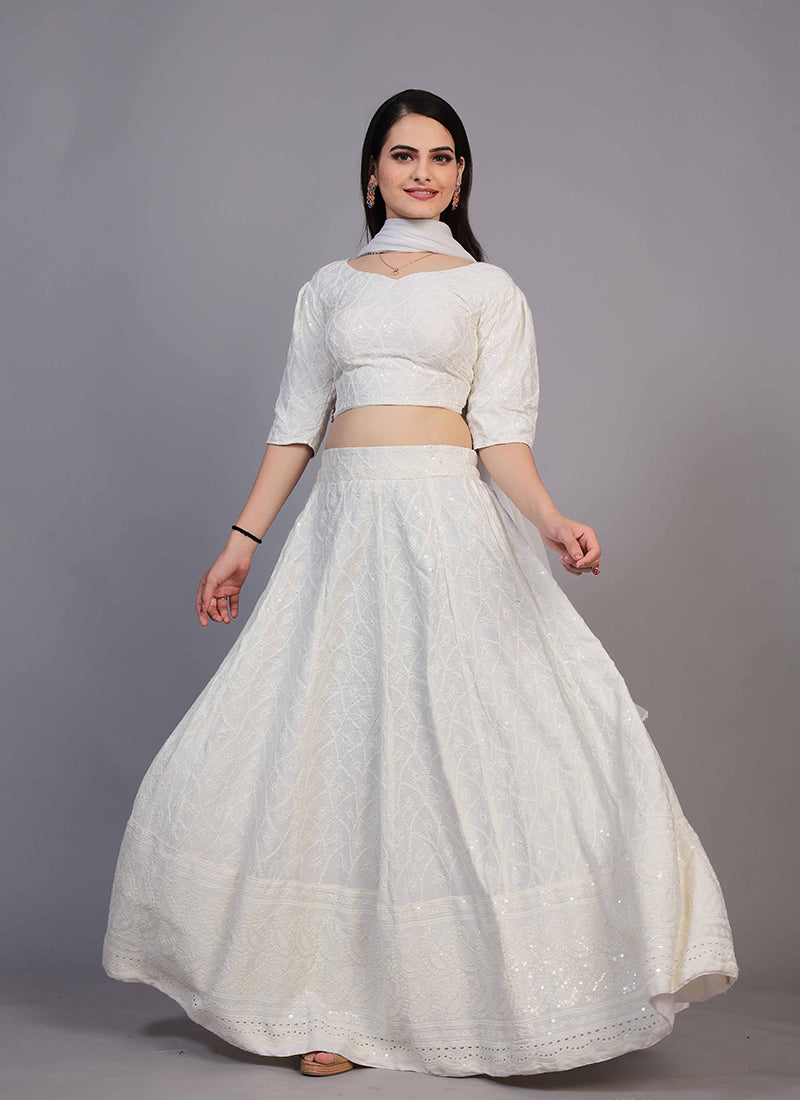 Milky white Chikankari lehenga, perfect for traditional and festive occasions with intricate embroidery.