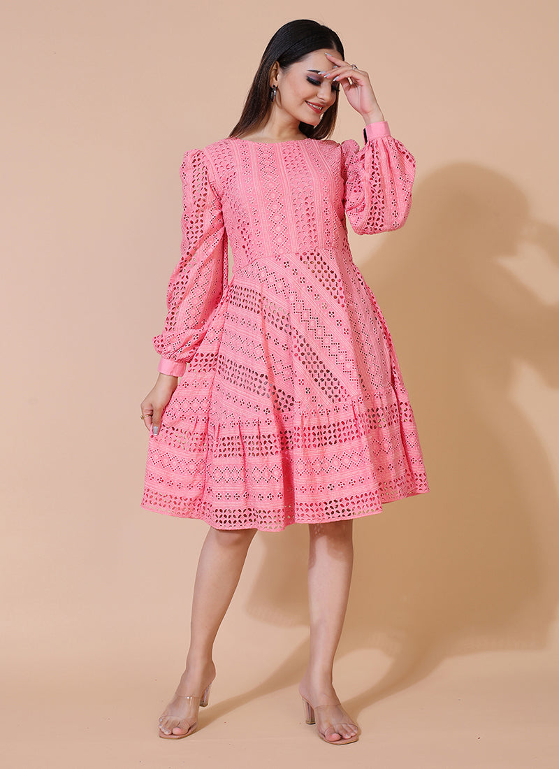 Rayon pink Chikankari short dress, ideal for casual and festive occasions with a traditional touch.