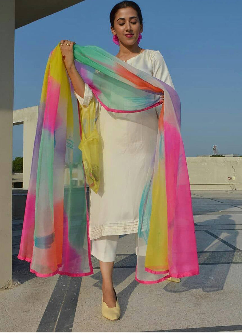 Beautiful Designer Wear White Palazzo Suit Along With Rainbow Printed Dupatta