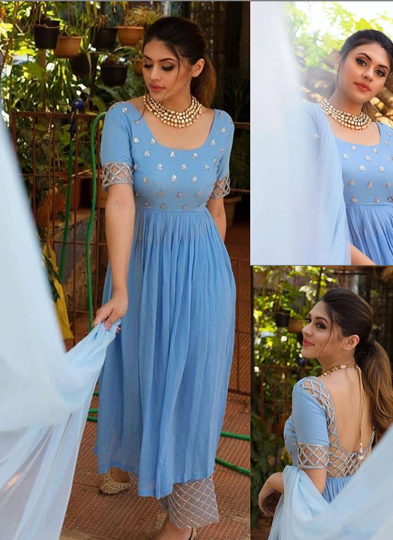Ice Blue Impressive Designer Embroidered And Handwork Outfit Along With Plazzo And Dupatta