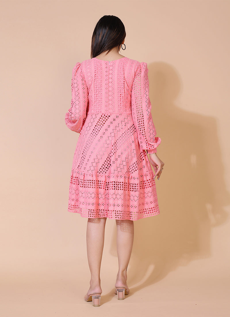 Rayon Pink Chikankari Short Dress