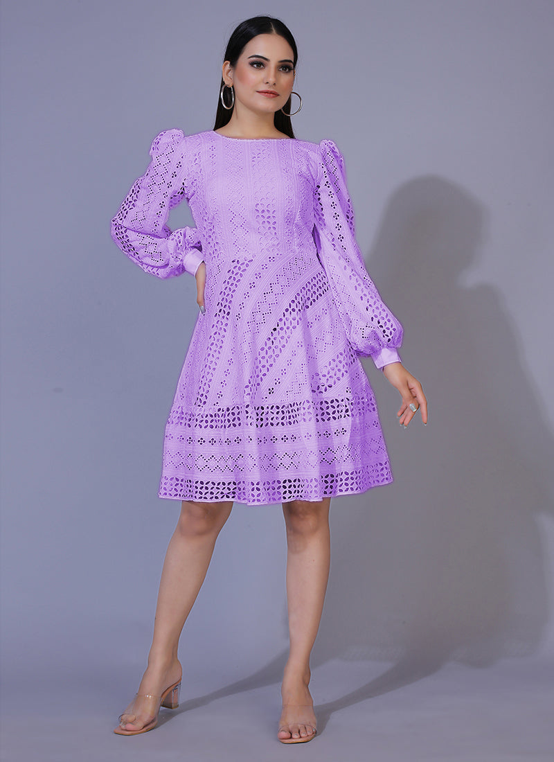 Lavender Lucknowi Chikankari Borer  Work Rayon Western Dress