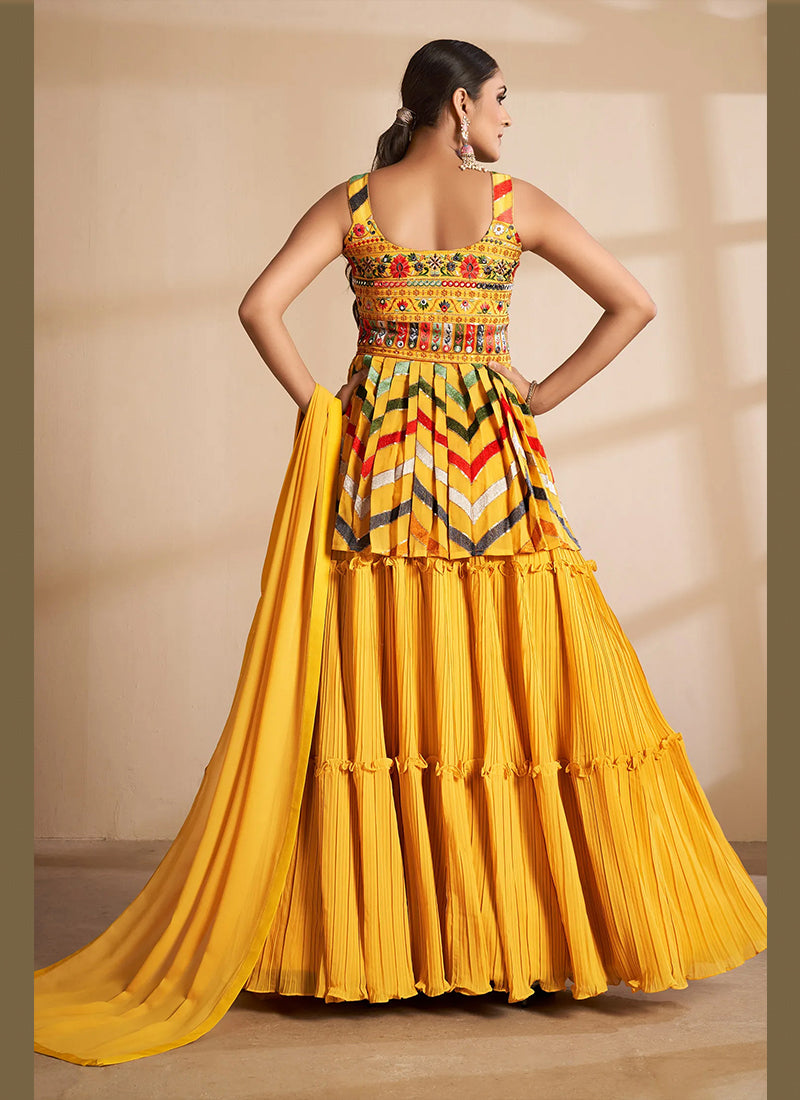 Yellow Floral Embroidered Georgette Indo-western Suit